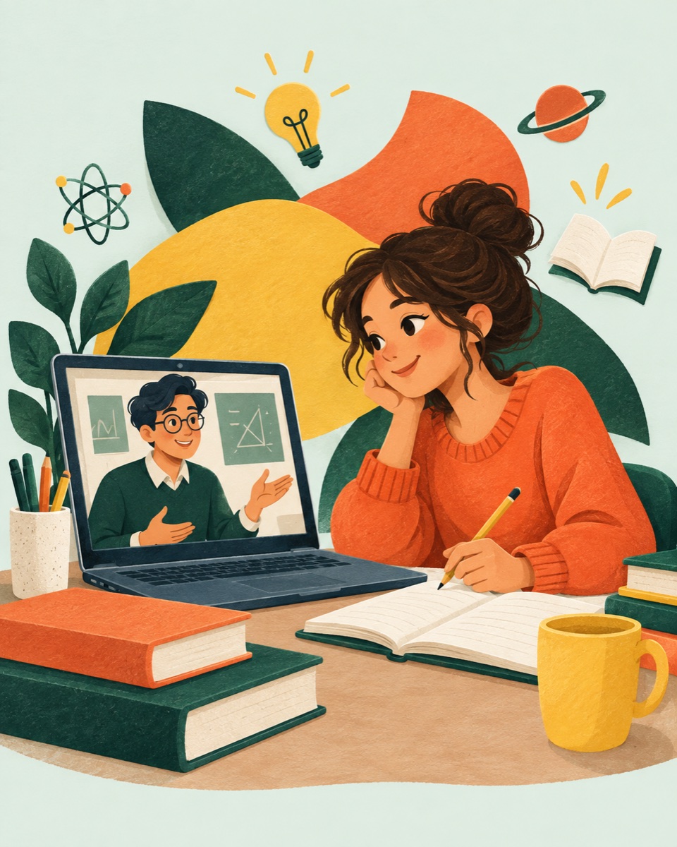 Illustration of a student enjoying an online lesson, with a tutor on a laptop and an open notebook.